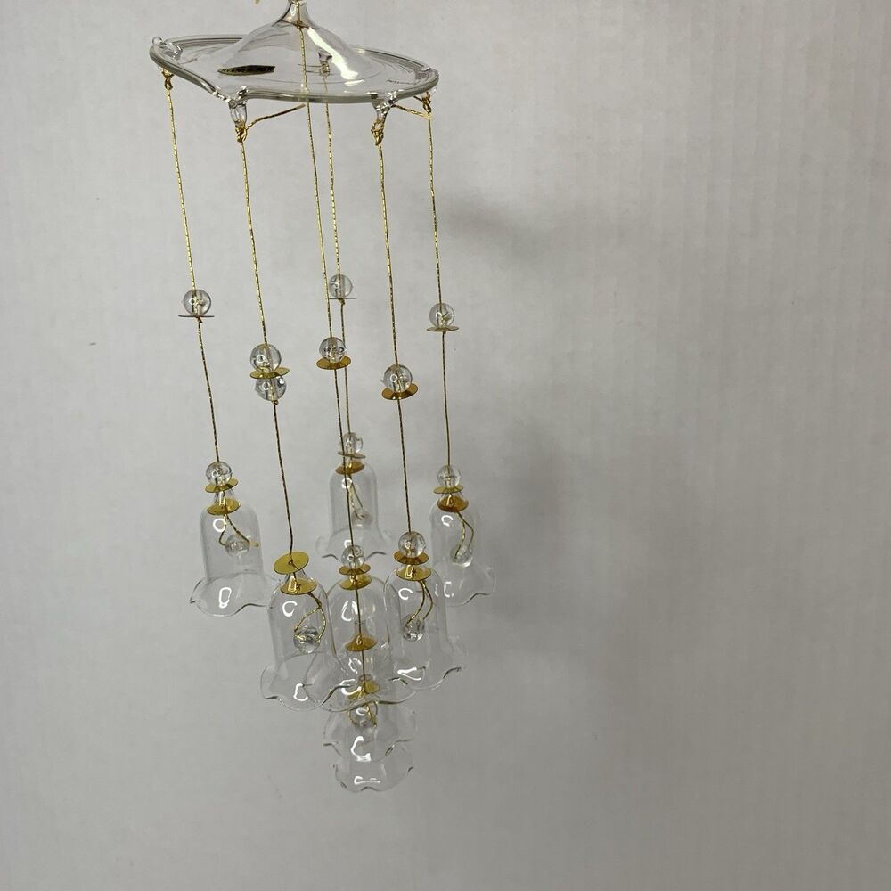 Vintage HandCrafted Glass Bell Wind Chime Mobile Suncatcher Gold Beaded Ornament